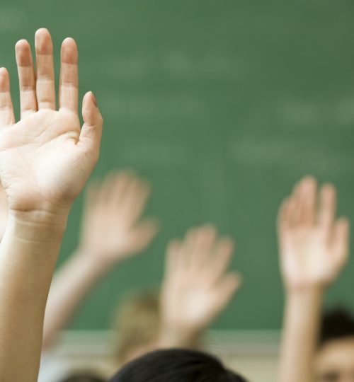 Hands raised in classroom